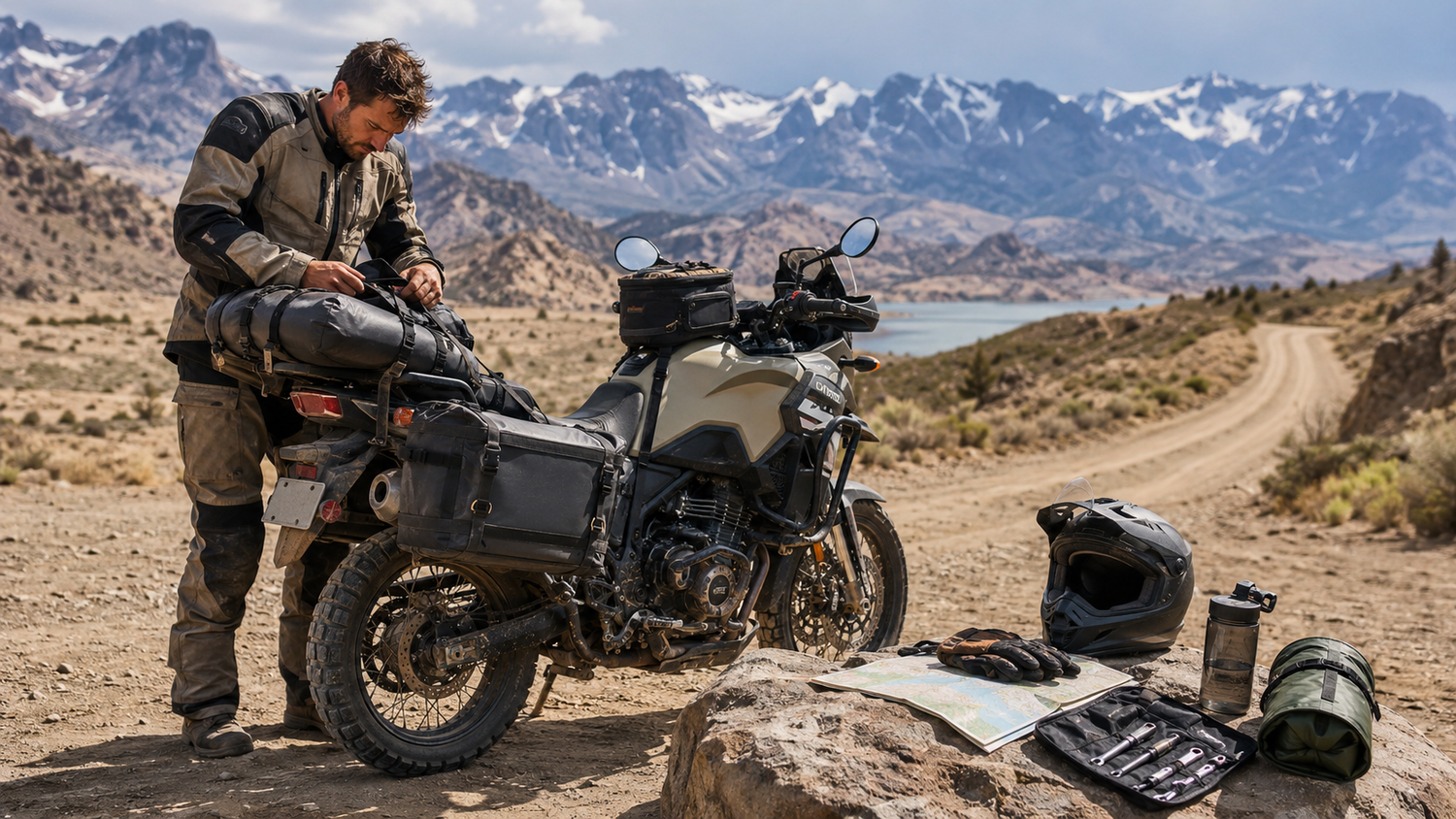 Man preparing a motorcycle in a desert landscape with mountains and a lake in the background