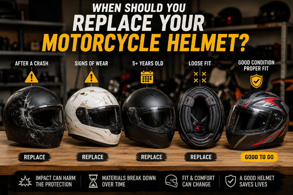 Infographic on motorcycle helmet replacement criteria with five helmets displayed.