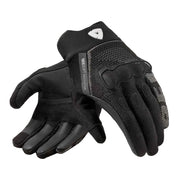A pair of black technical riding gloves, one showing the back of the hand with textured grip panels and the other showing the palm with touchscreen-compatible cutouts, on a solid white background.