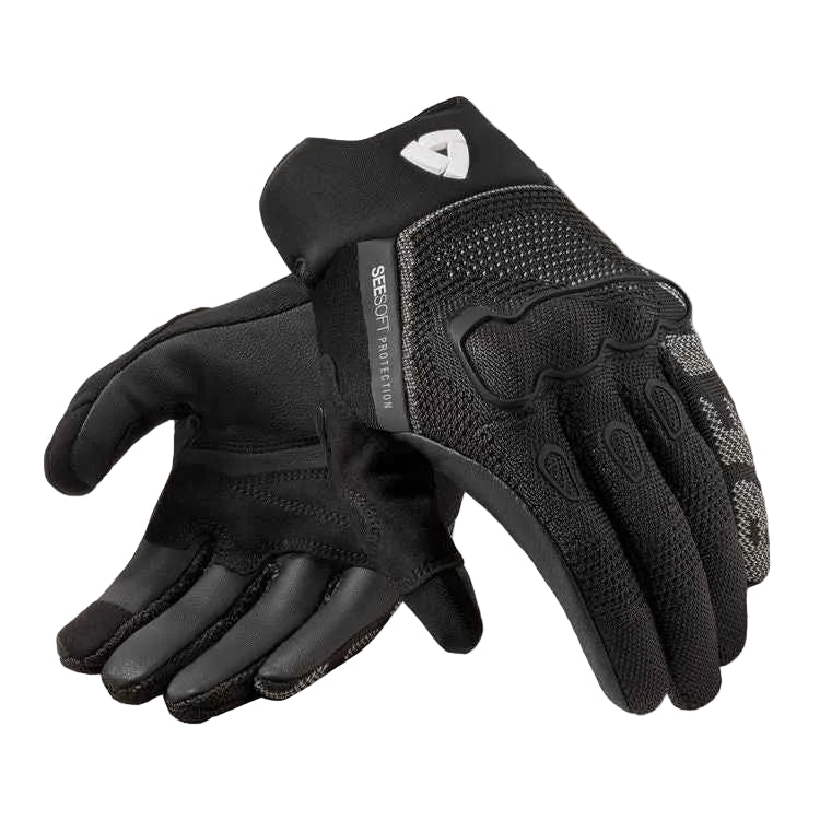 A pair of black technical riding gloves, one showing the back of the hand with textured grip panels and the other showing the palm with touchscreen-compatible cutouts, on a solid white background.