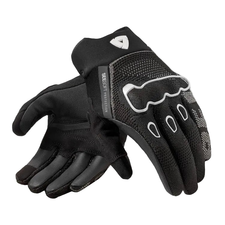 Pair of black gloves with a brand logo on a white background