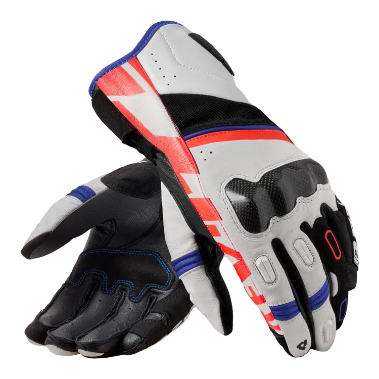 Pair of motorcycle gloves with black, gray, red, and blue design on a white background