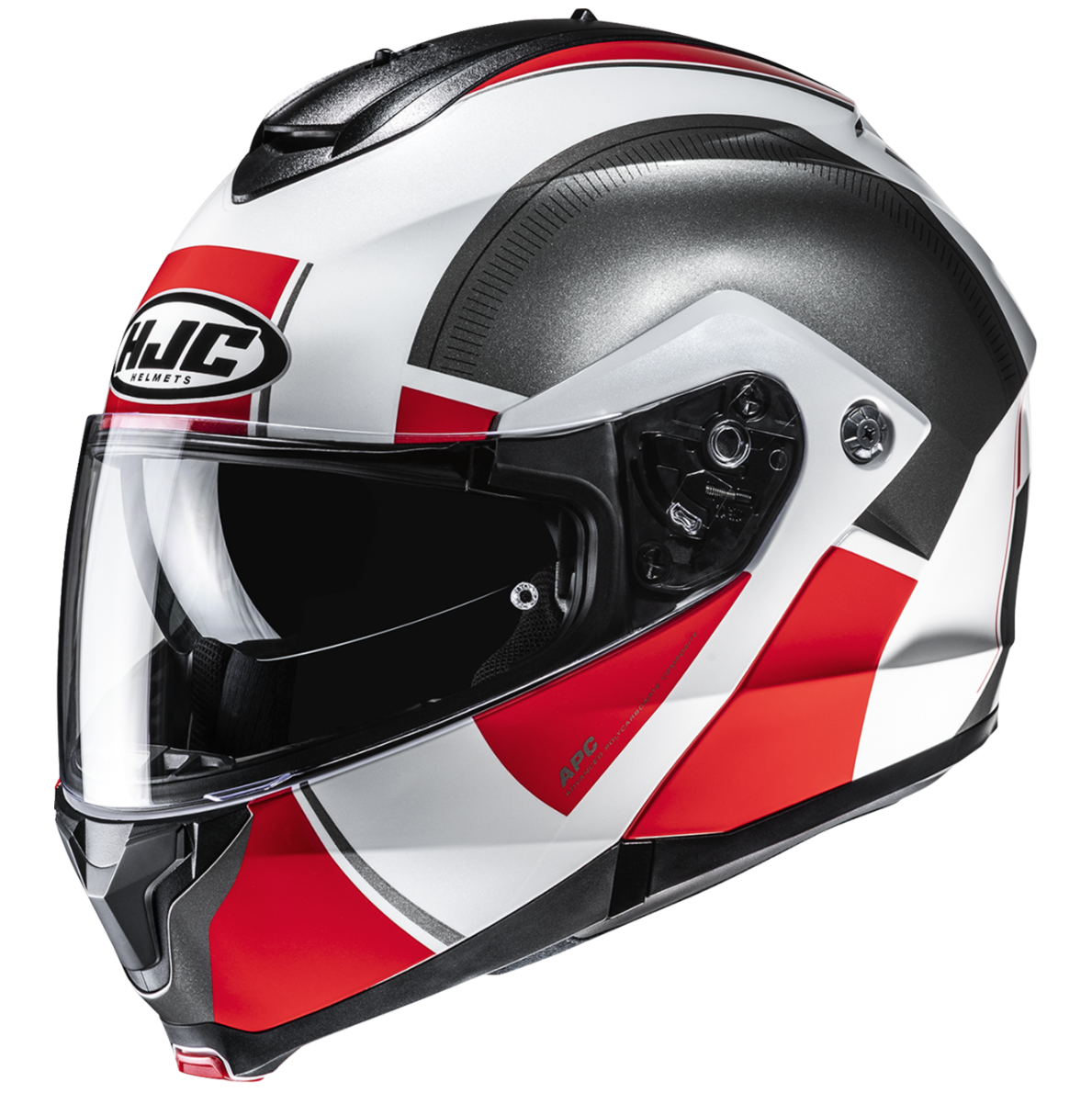 HJC motorcycle helmet with red and black design on a white background