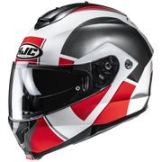 HJC motorcycle helmet with red and black design on a white background
