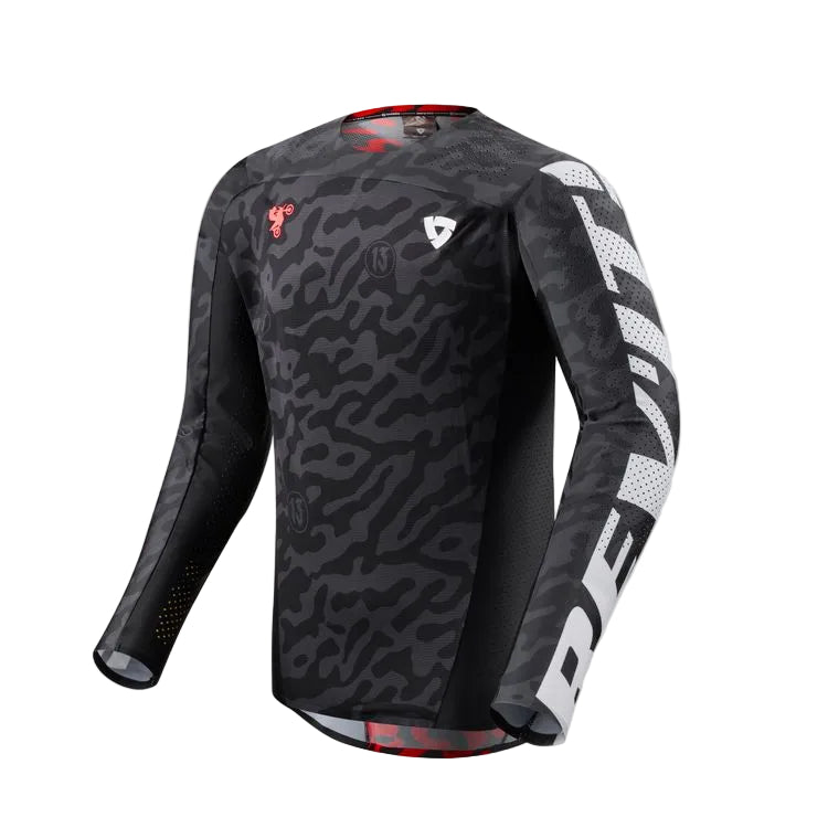 Black and gray long-sleeve athletic shirt with branding on a white background