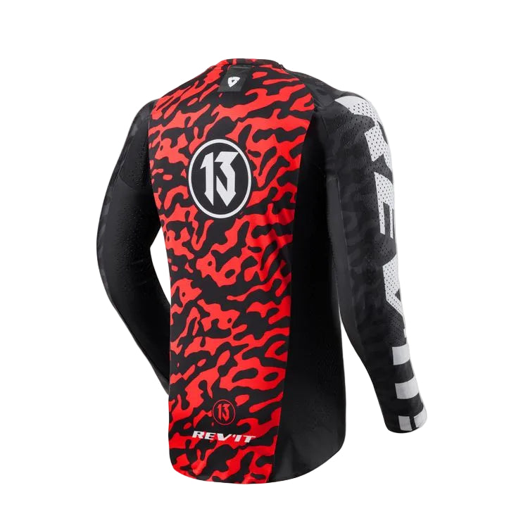 Red and black camouflage jersey with a logo on a white background