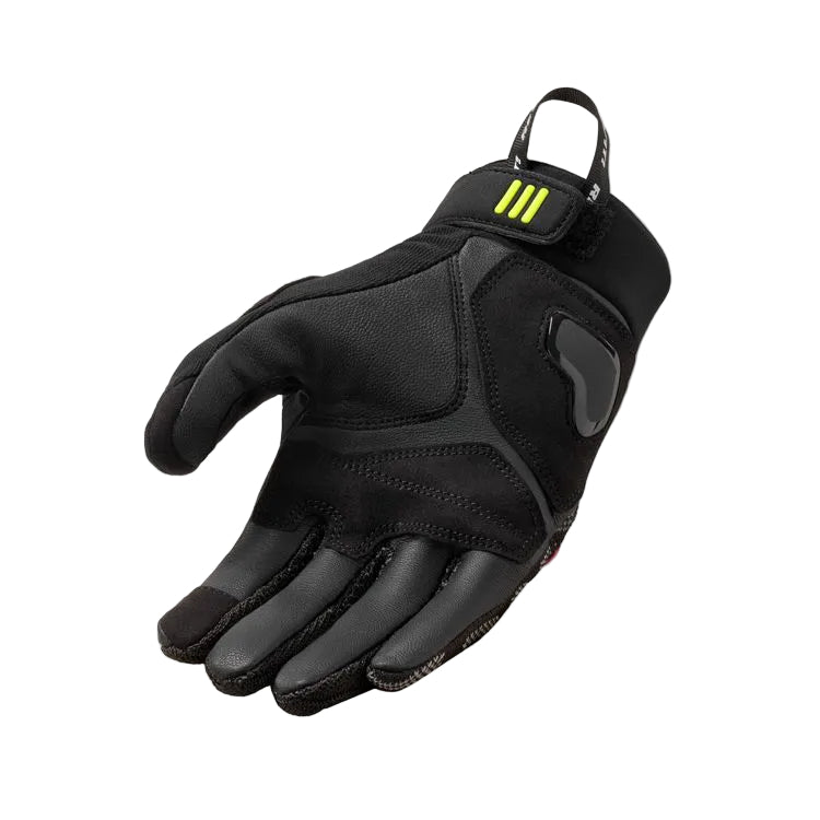 Black motorcycle glove with a brand logo on a light gray background