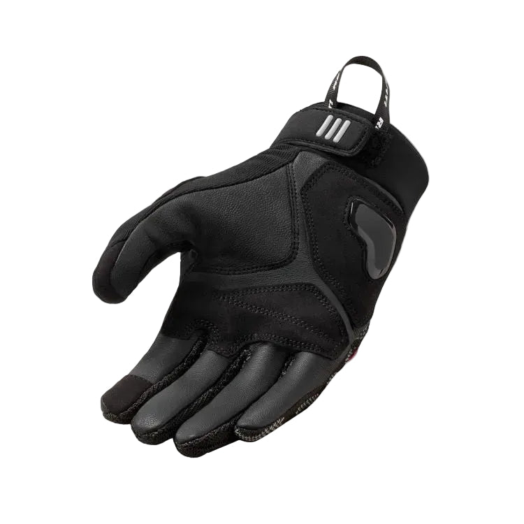Black glove with a brand logo on a light gray background