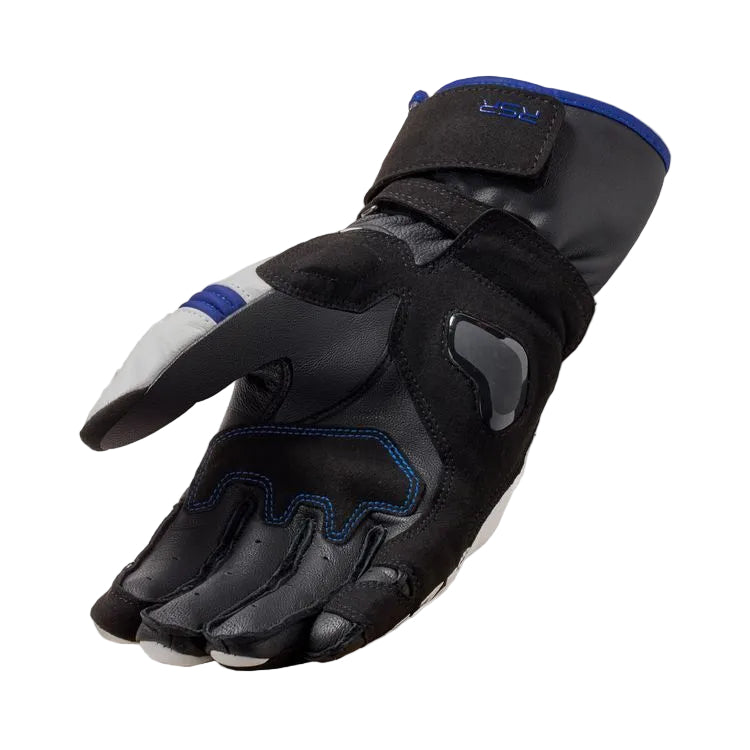 Black motorcycle glove with blue accents on a white background