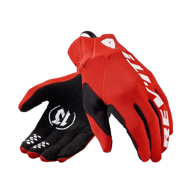 Red and black gloves with a brand logo on a light gray background