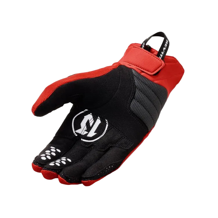 Black and red glove with a logo on a white background