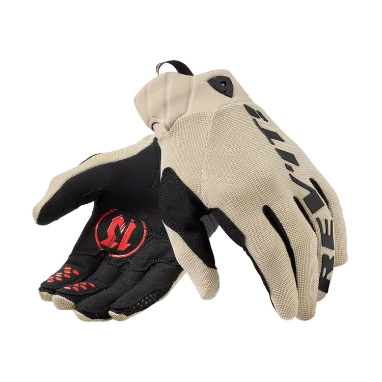 Pair of black and beige gloves with a red logo on a white background
