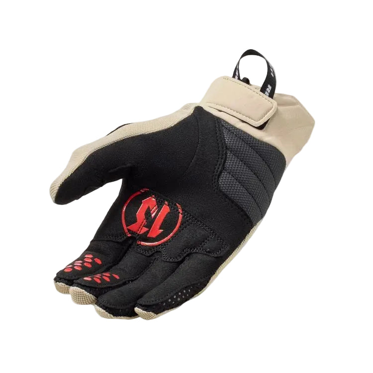 Black and beige glove with a red logo on a white background