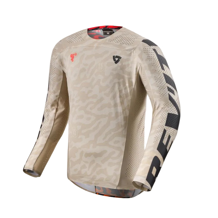 Beige long-sleeve shirt with brand logos on a white background