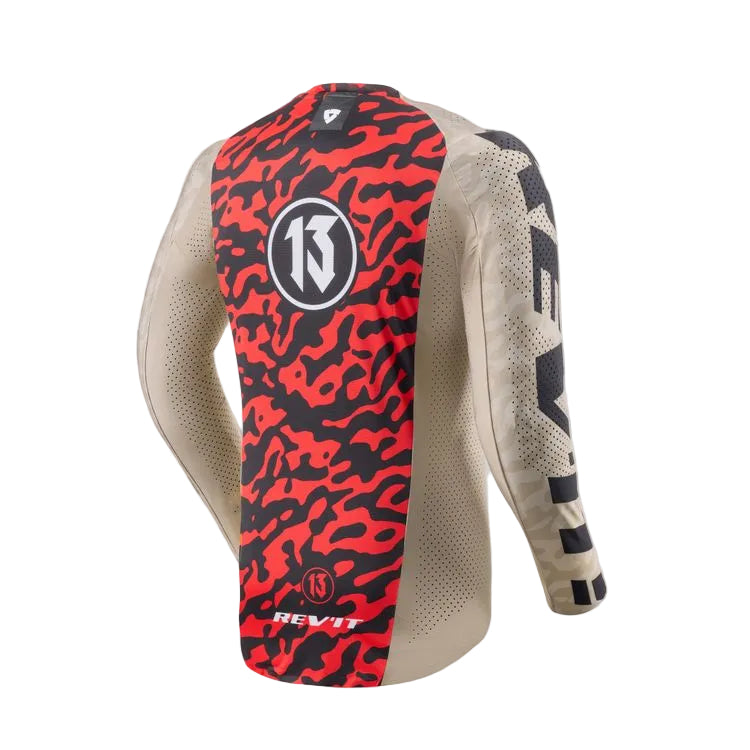 Motorcycle jersey with red and black camouflage pattern on a white background