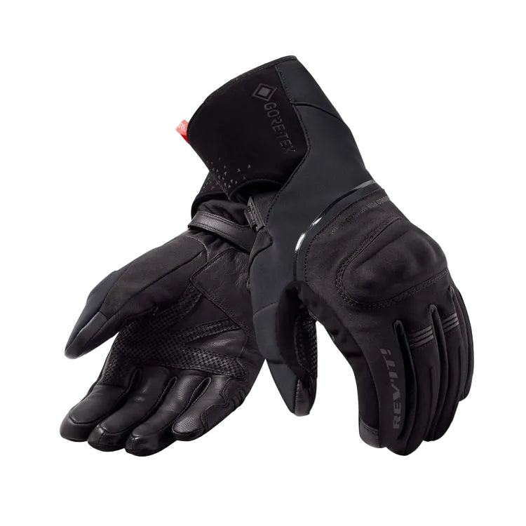 Black motorcycle gloves with Gore-Tex label on a light gray background