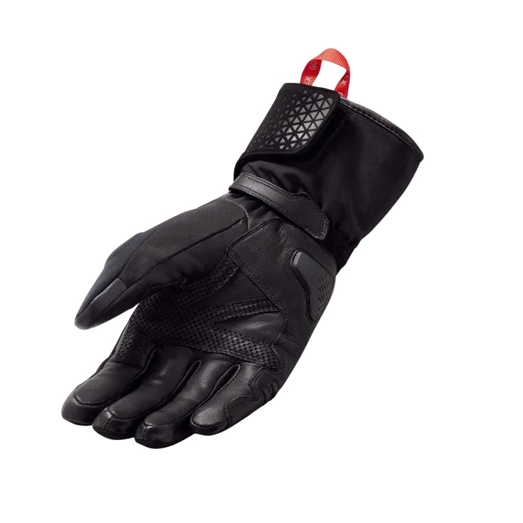Black motorcycle glove with red and white accents on a light gray background