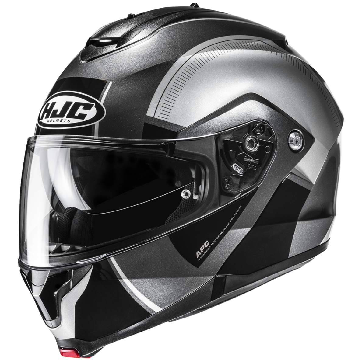 HJC motorcycle helmet with a black and silver design on a white background