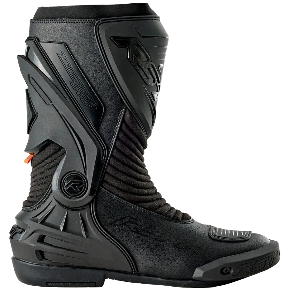 Black motorcycle boot with brand logo on a white background