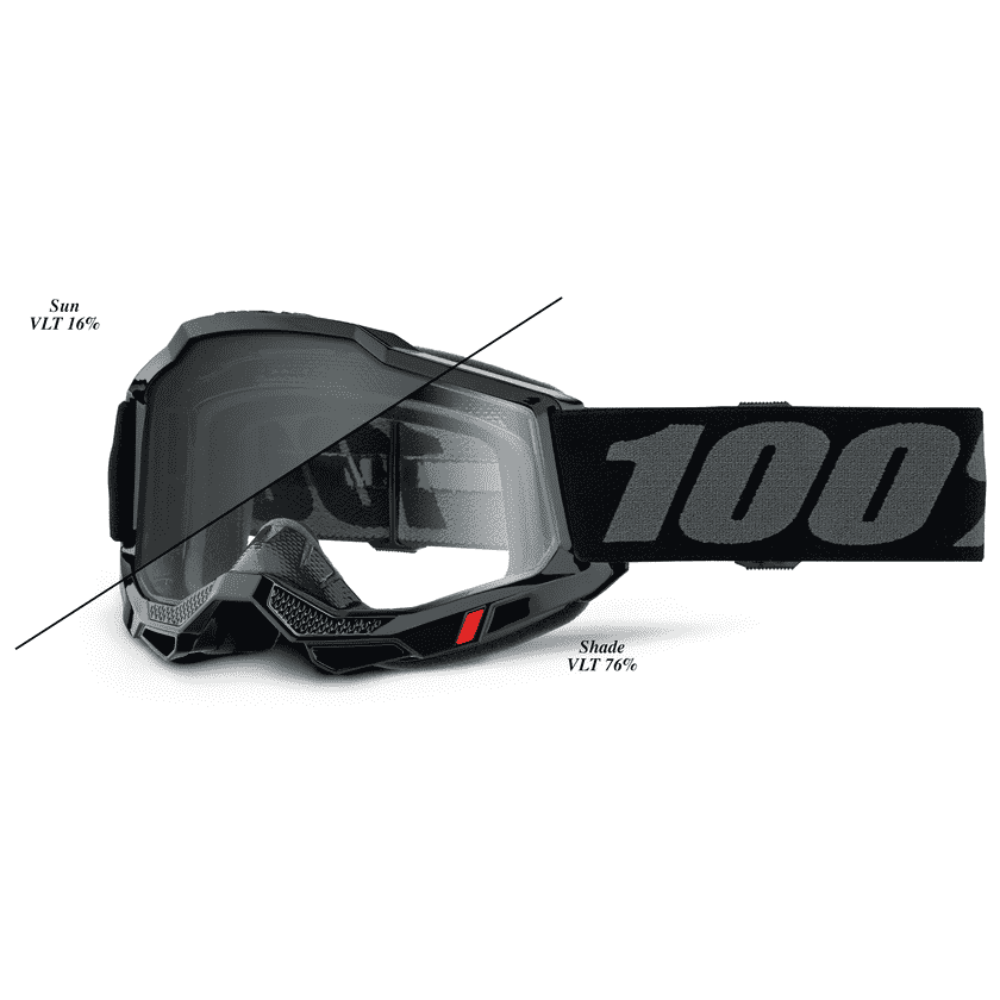 Black 100% brand motocross goggles with a dark tinted shield lens, shown on a white background with VLT (visible light transmission) markings.