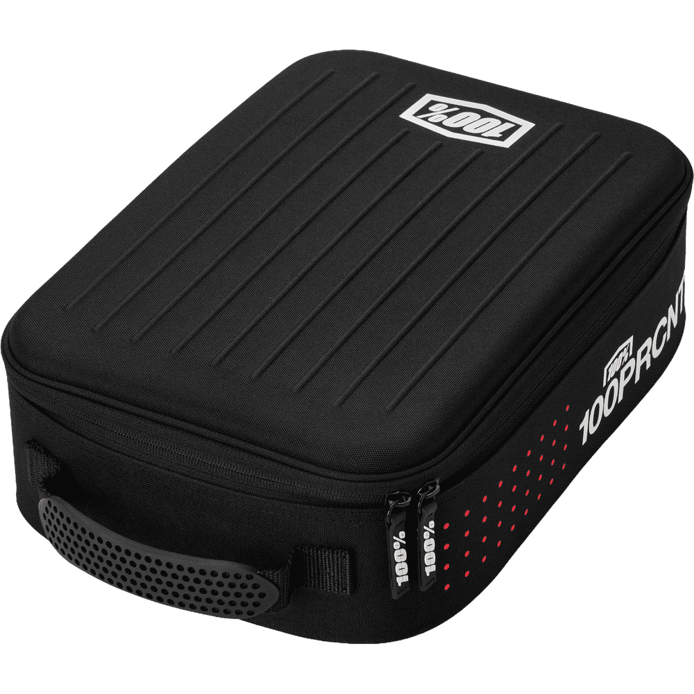 A black goggle protective hard case with a textured ribbed top, a black handle with a perforated grip, and branding for 100%. The case is shown at a three-quarter angle on a plain white background.