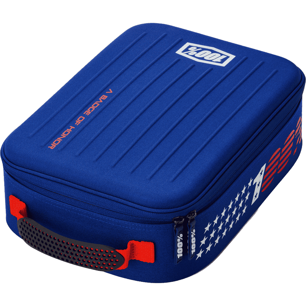 100% blue motorcycle goggle carrying case with red and white patriotic graphics, featuring a textured lid, side zipper, and red handle on a white background.