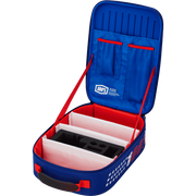 An open blue and red protective carrying case with white interior lining, red straps, and a black foam insert, shown on a plain white background.