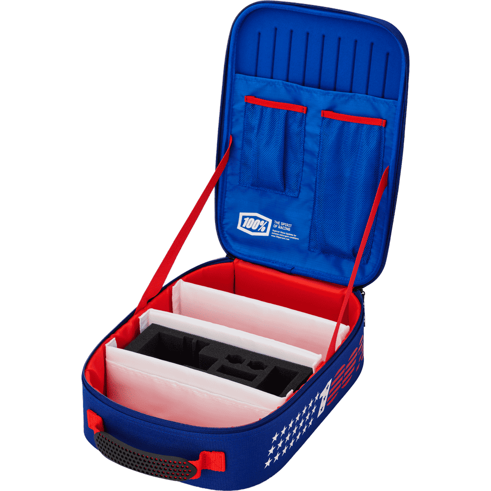 An open blue and red protective carrying case with white interior lining, red straps, and a black foam insert, shown on a plain white background.
