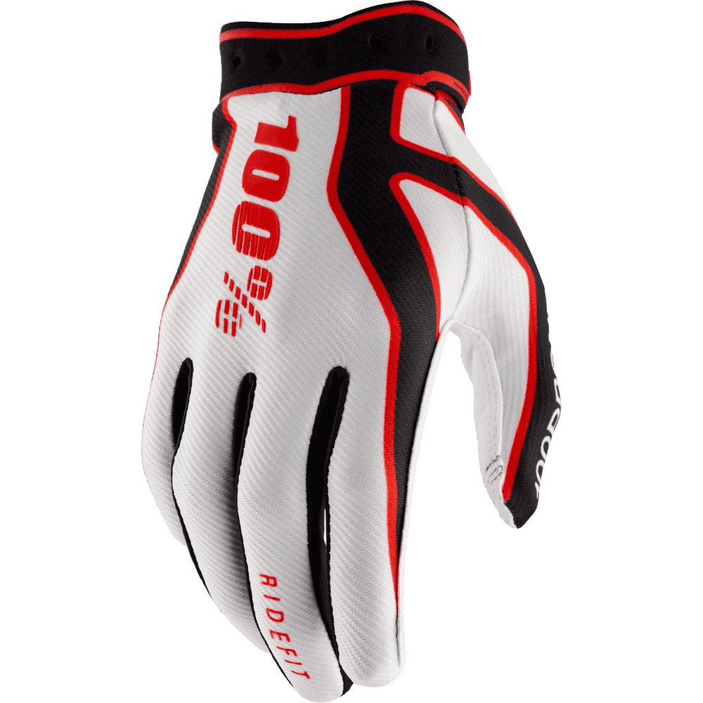 A single 100% RideFit motocross glove in white, black, and red, shown from the back on a clean white background.