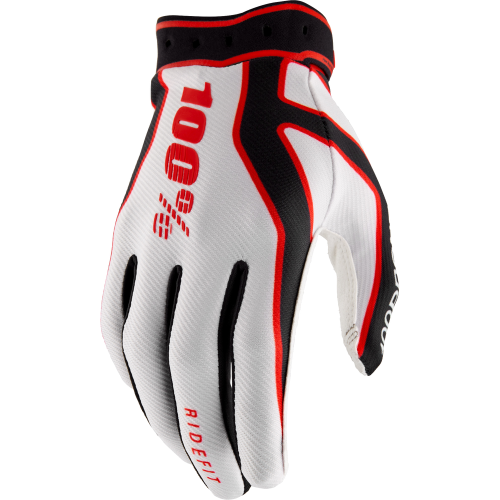 A single 100% RideFit motocross glove in white, black, and red, shown from the back on a clean white background.