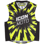 A sleeveless black and neon yellow lightning-bolt patterned jersey vest with 'ICON MOTO' printed in white across the chest, shown flat against a white background.