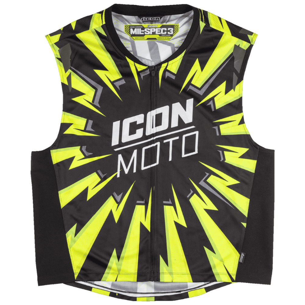 A sleeveless black and neon yellow lightning-bolt patterned jersey vest with 'ICON MOTO' printed in white across the chest, shown flat against a white background.