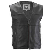 Black leather motorcycle vest with a front zipper, side buckle straps, and zippered pockets, shown against a plain white background.