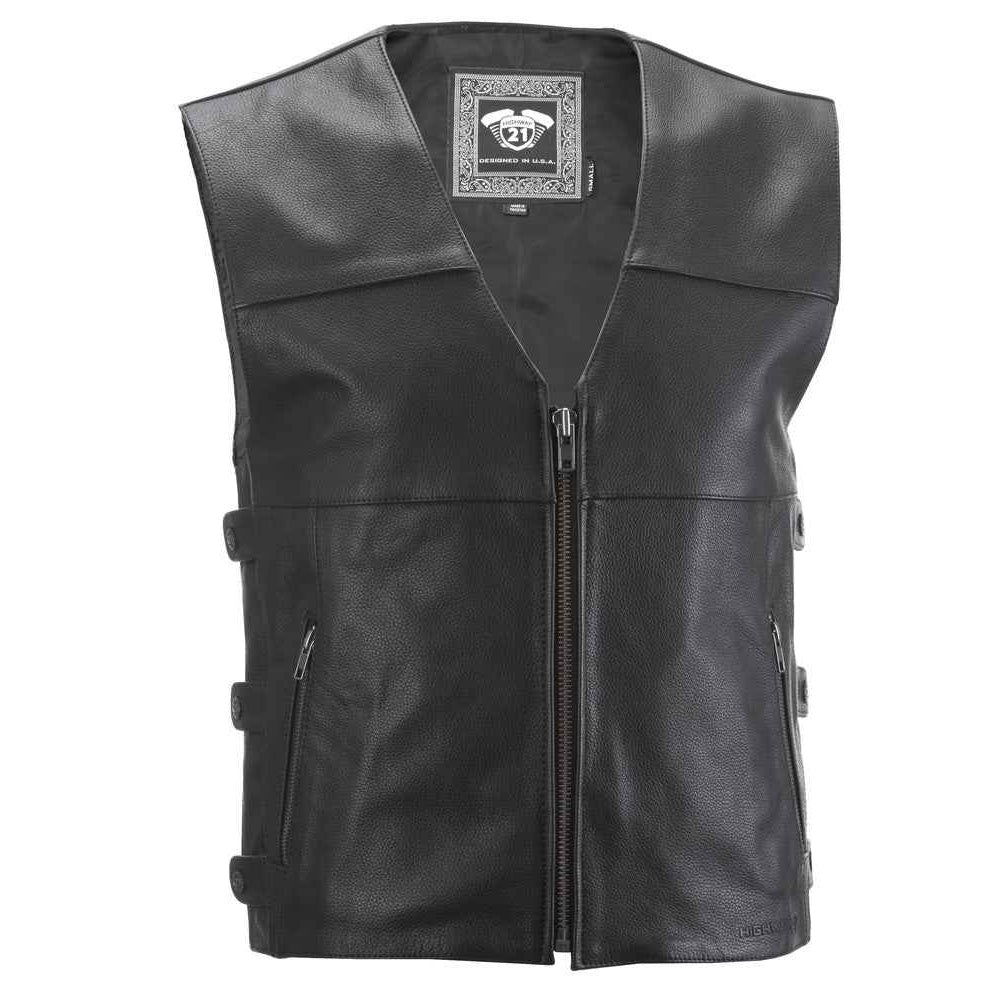 Black leather motorcycle vest with a front zipper, side buckle straps, and zippered pockets, shown against a plain white background.