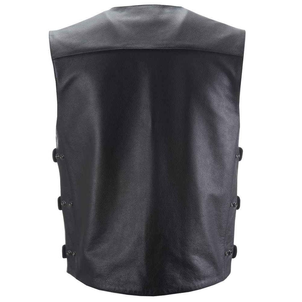 Black leather vest with button details on a white background