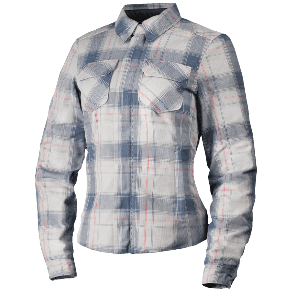 A women's long-sleeve plaid button-up shirt in a light gray and blue tartan pattern with thin red accent lines, shown on a white background.
