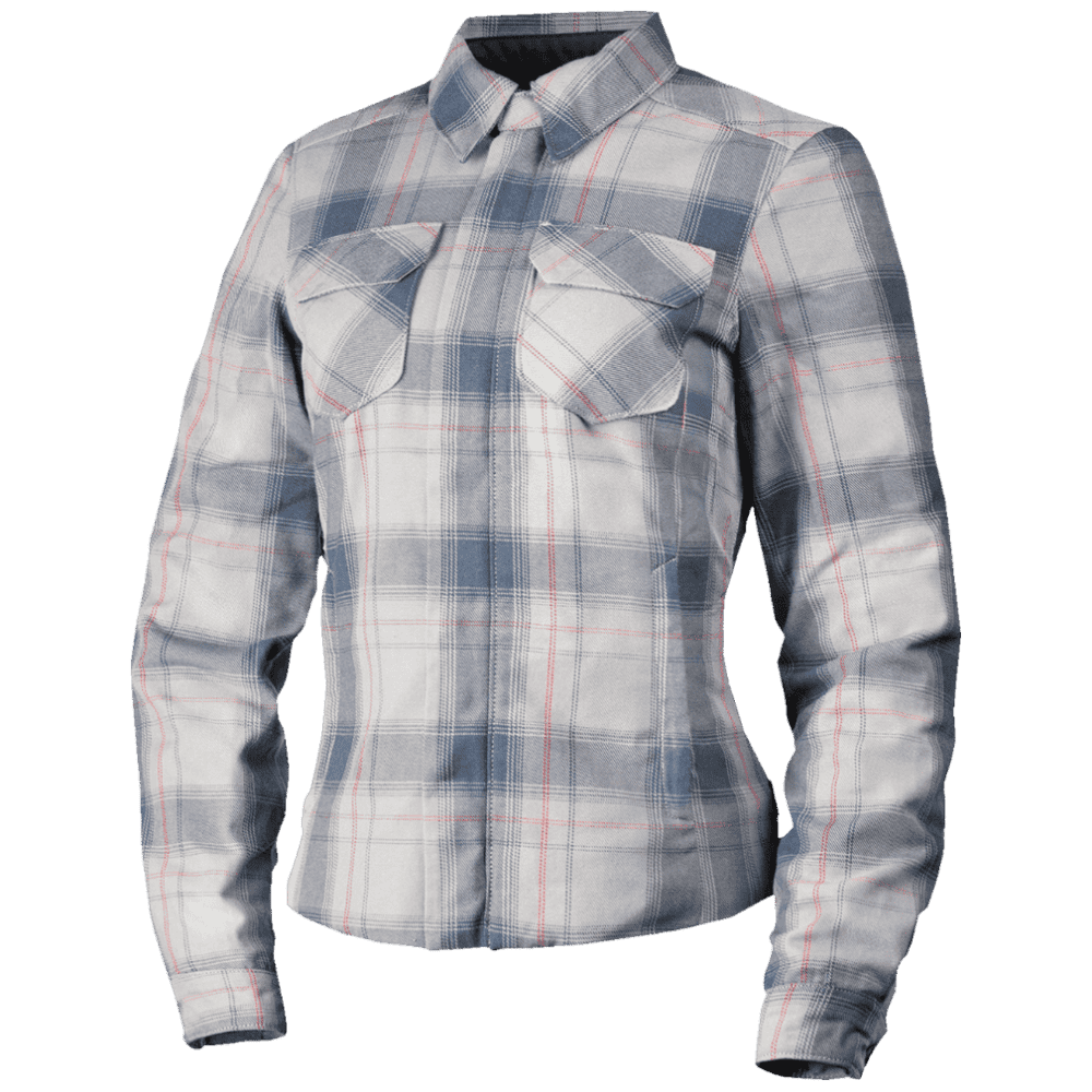 A women's long-sleeve plaid button-up shirt in a light gray and blue tartan pattern with thin red accent lines, shown on a white background.