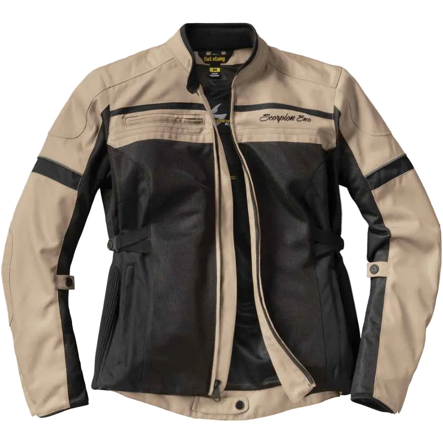 A beige and black motorcycle jacket with a front zipper, zippered pockets, and 'Scorpion' branding on the chest, displayed against a plain white background.