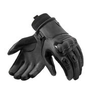 A pair of black leather winter gloves with black knit cuffs and protective black rubber inserts on the back of the hands, shown against a plain white background.