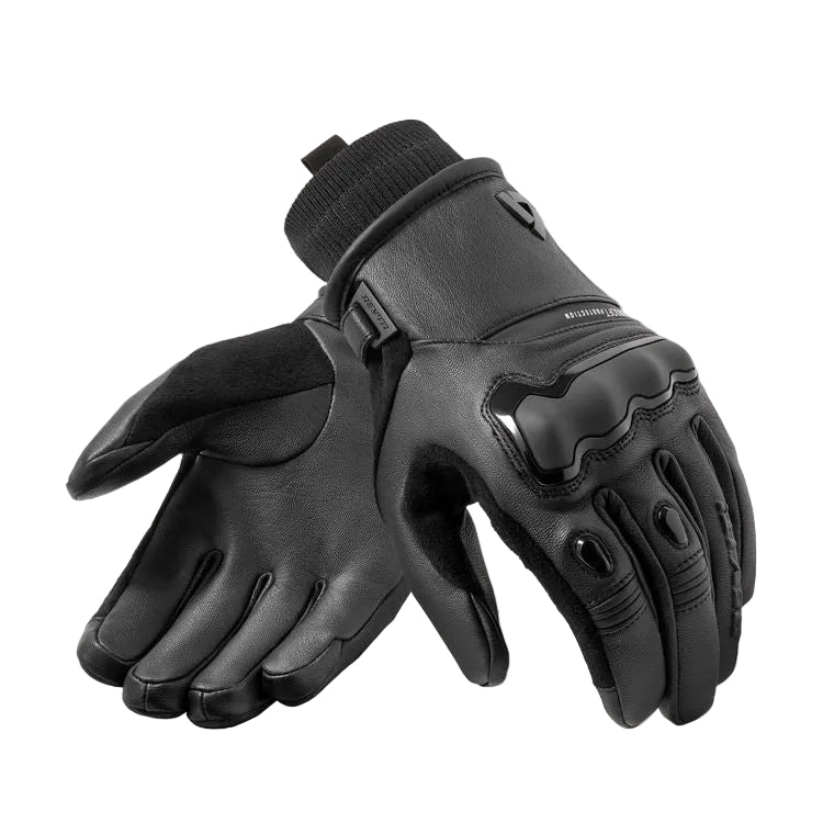 A pair of black leather winter gloves with black knit cuffs and protective black rubber inserts on the back of the hands, shown against a plain white background.