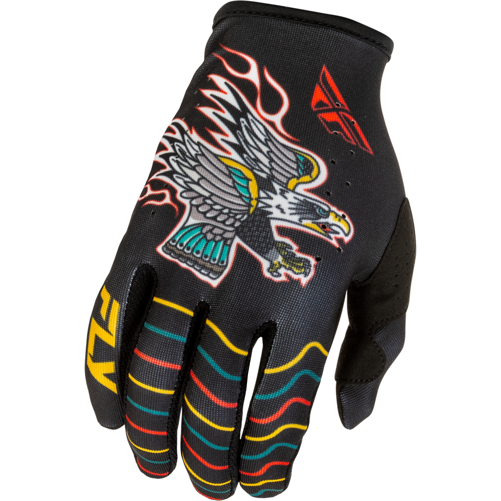 Black glove with colorful eagle design on a white background