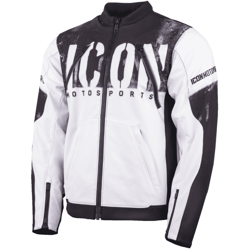 A white and black motorcycle jacket with a large 'ICON MOTOSPORTS' graphic on the chest, featuring a front zipper, zippered pockets, and distressed black panels on the shoulders and sleeves.