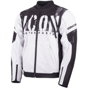 A white and black motorcycle jacket with a large 'ICON MOTOSPORTS' graphic on the chest, featuring a front zipper, zippered pockets, and distressed black panels on the shoulders and sleeves.