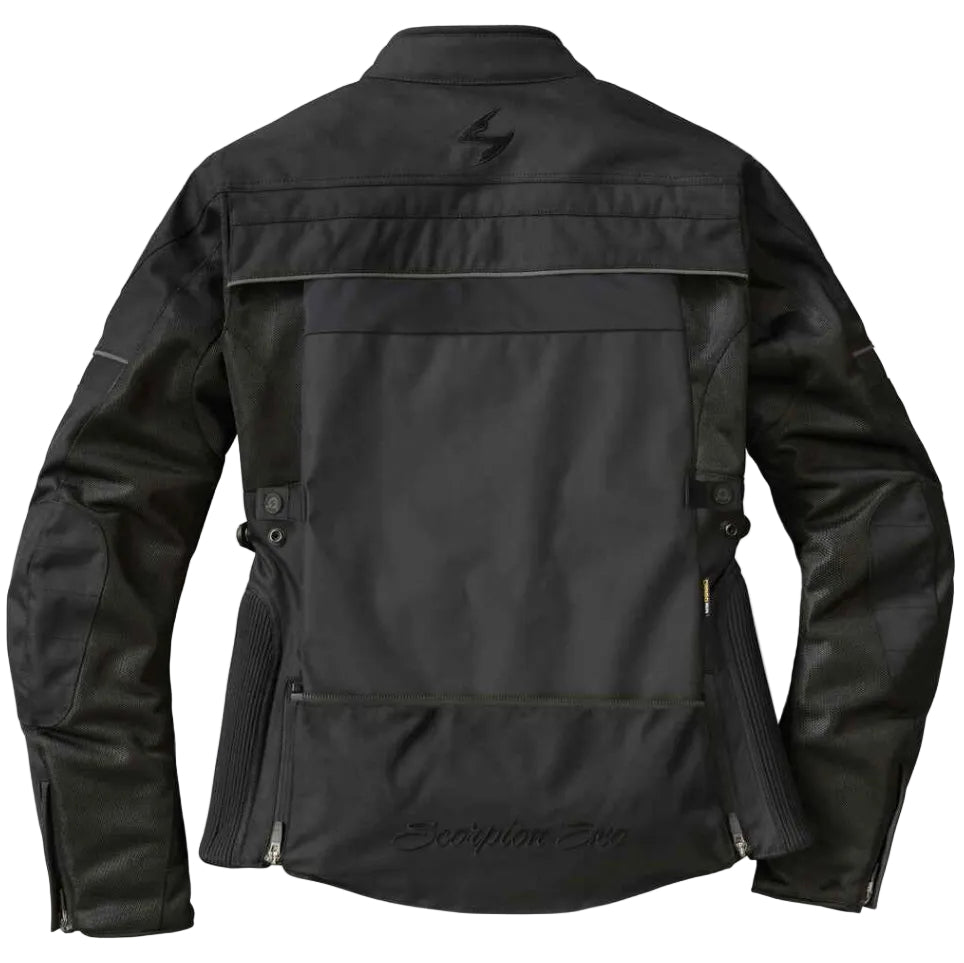 Black motorcycle jacket shown from the back, featuring a high collar, multiple zippered pockets, and a small dark logo on the upper back.