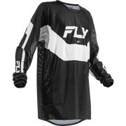 A black and white long-sleeve motocross jersey with a large white 'FLY' logo on the chest, displayed on a clean white background.