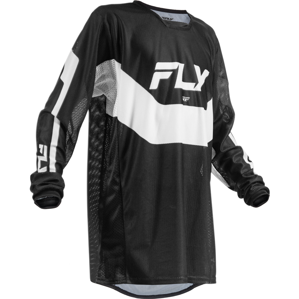 A black and white long-sleeve motocross jersey with a large white 'FLY' logo on the chest, displayed on a clean white background.