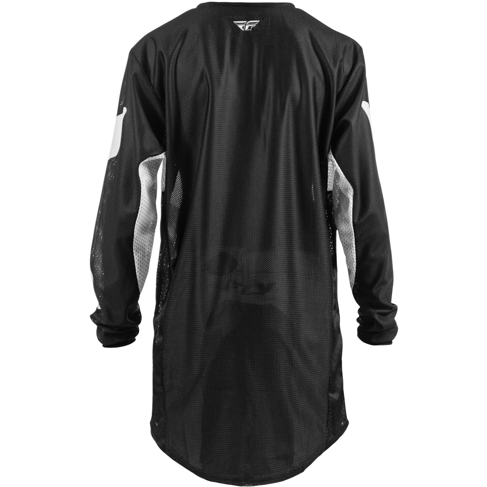 Black long-sleeve shirt with white accents on a white background