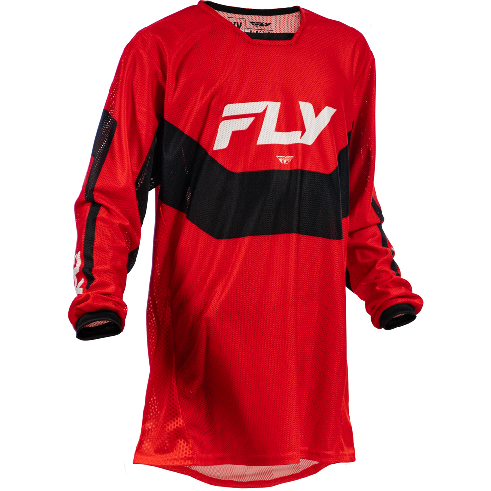 Red and black jersey with 'Fly' logo on a white background