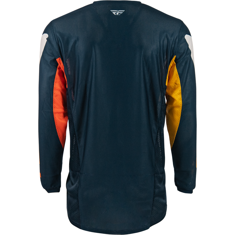 A long-sleeve motocross jersey shown from the back, featuring a dark navy blue body with bright orange on one sleeve, yellow on the other sleeve, and white shoulder accents.