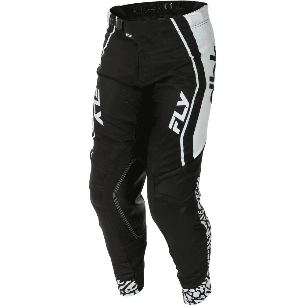 Black and white Fly motocross pants with white logo graphics and patterned cuffs, shown on a plain white background.
